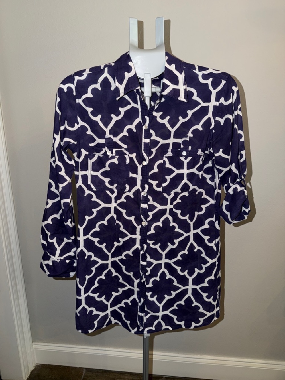 Roberta Roller Rabbit Navy and White Geometrical Patterned Top
